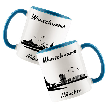Tasse in Hellblau 330ml bedruckt mit der Skyline von München personalisierbar mit Wunschname