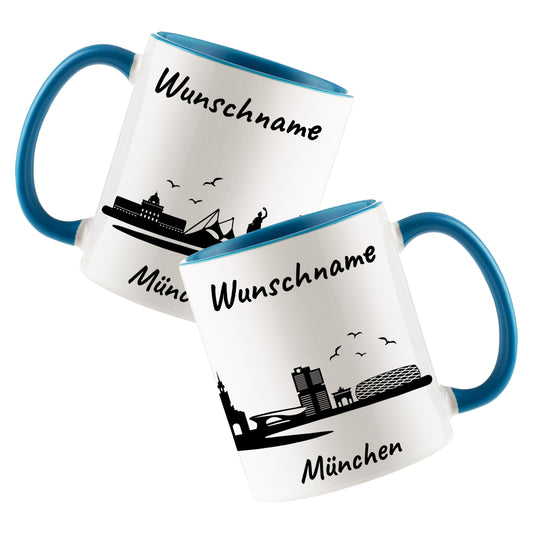Tasse in Hellblau 330ml bedruckt mit der Skyline von München personalisierbar mit Wunschname