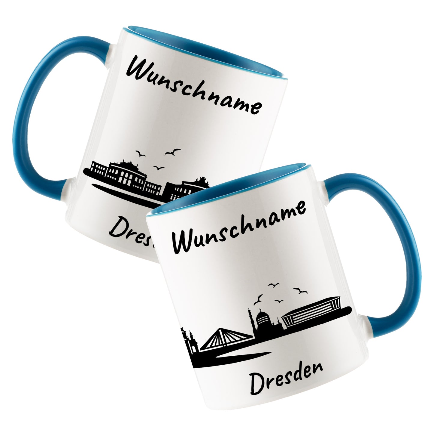 Tasse in Hellblau 330ml bedruckt mit der Skyline von Dresden personalisierbar mit Wunschname