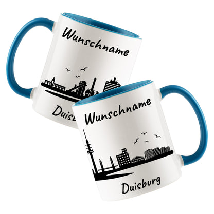Tasse in Hellblau 330ml bedruckt mit der Skyline von Duisburg personalisierbar mit Wunschname