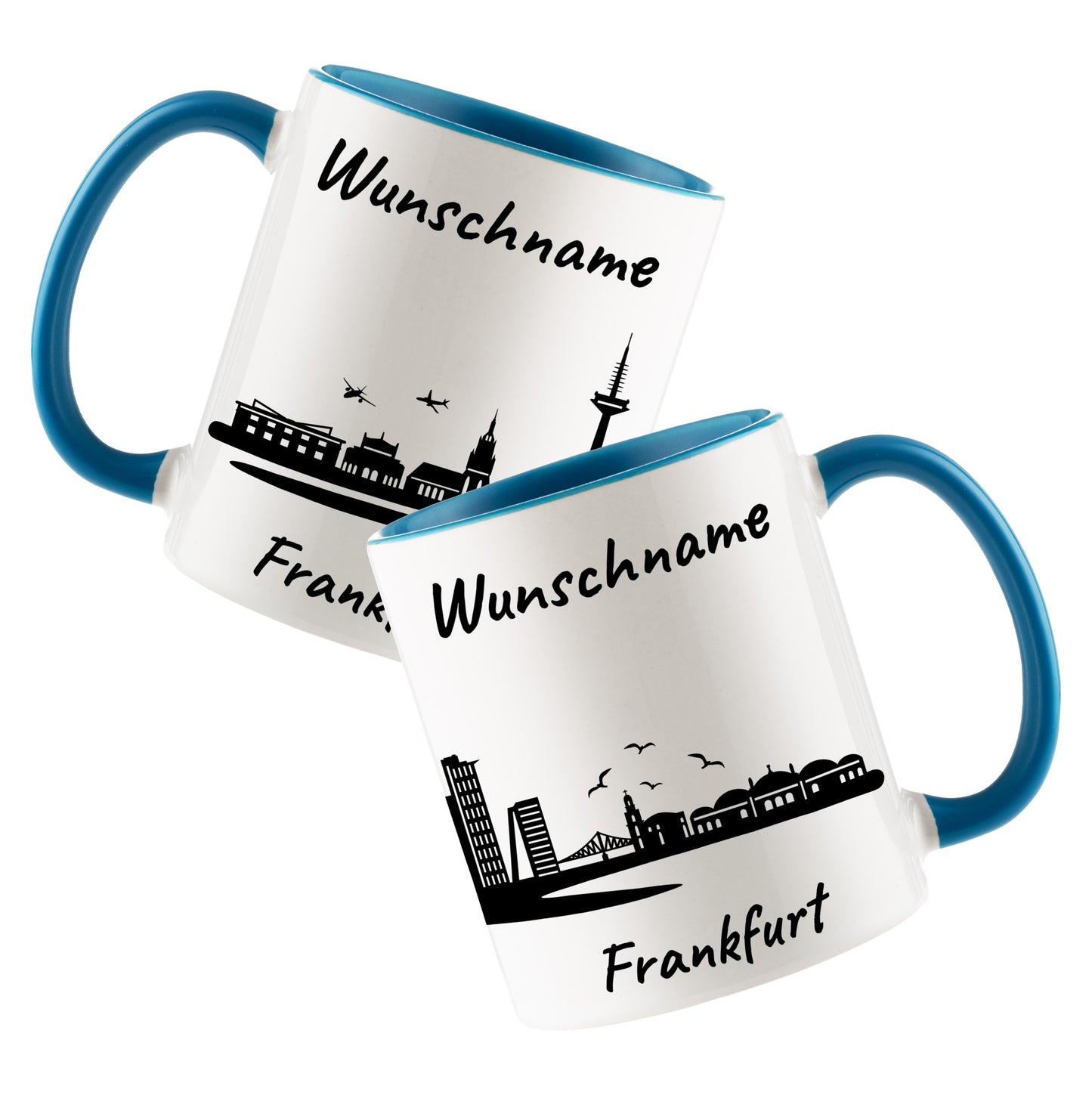 Tasse in Hellblau 330ml bedruckt mit der Skyline von Frankfurt personalisierbar mit Wunschname