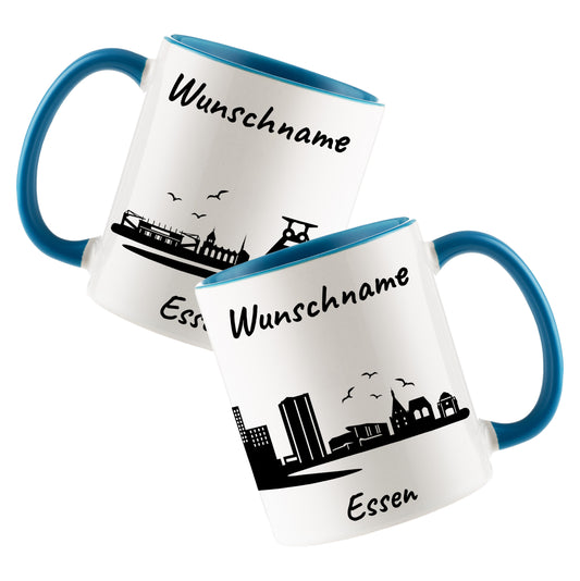Tasse in Hellblau 330ml bedruckt mit der Skyline von Essen personalisierbar mit Wunschname