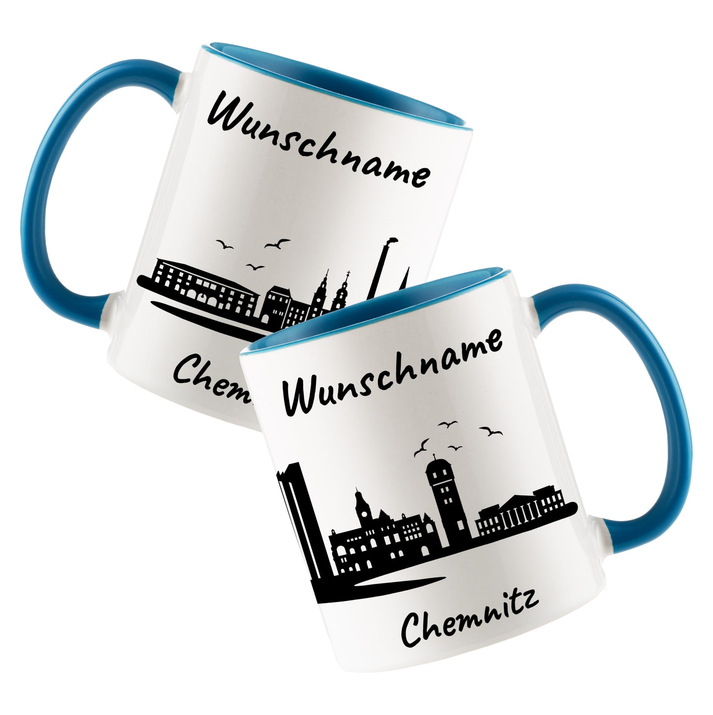 Tasse in Hellblau 330ml bedruckt mit der Skyline von Chemnitz personalisierbar mit Wunschname
