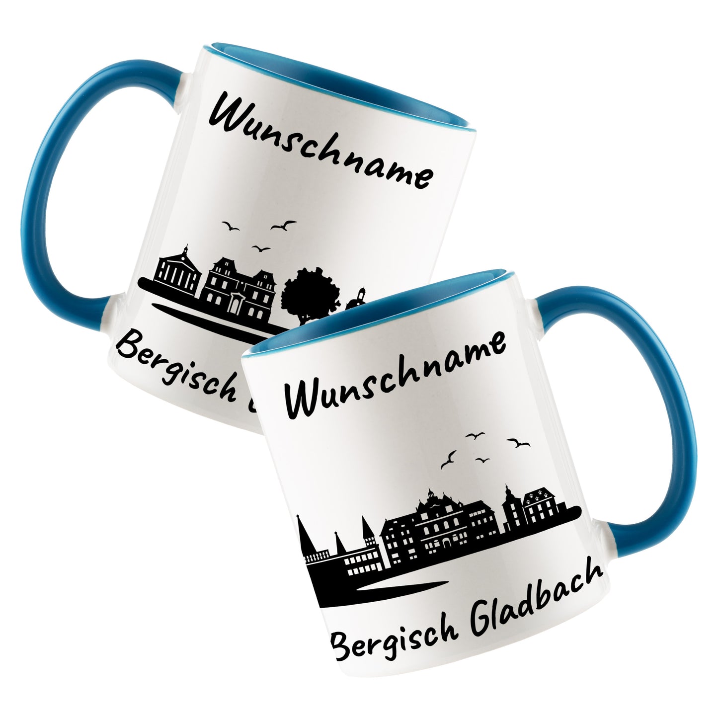 Tasse in Hellblau 330ml bedruckt mit der Skyline von Bergisch Gladbach personalisierbar mit Wunschname