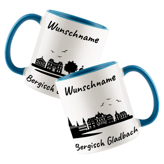 Tasse in Hellblau 330ml bedruckt mit der Skyline von Bergisch Gladbach personalisierbar mit Wunschname