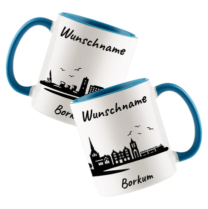 Tasse in Hellblau 330ml bedruckt mit der Skyline von Borkum personalisierbar mit Wunschname