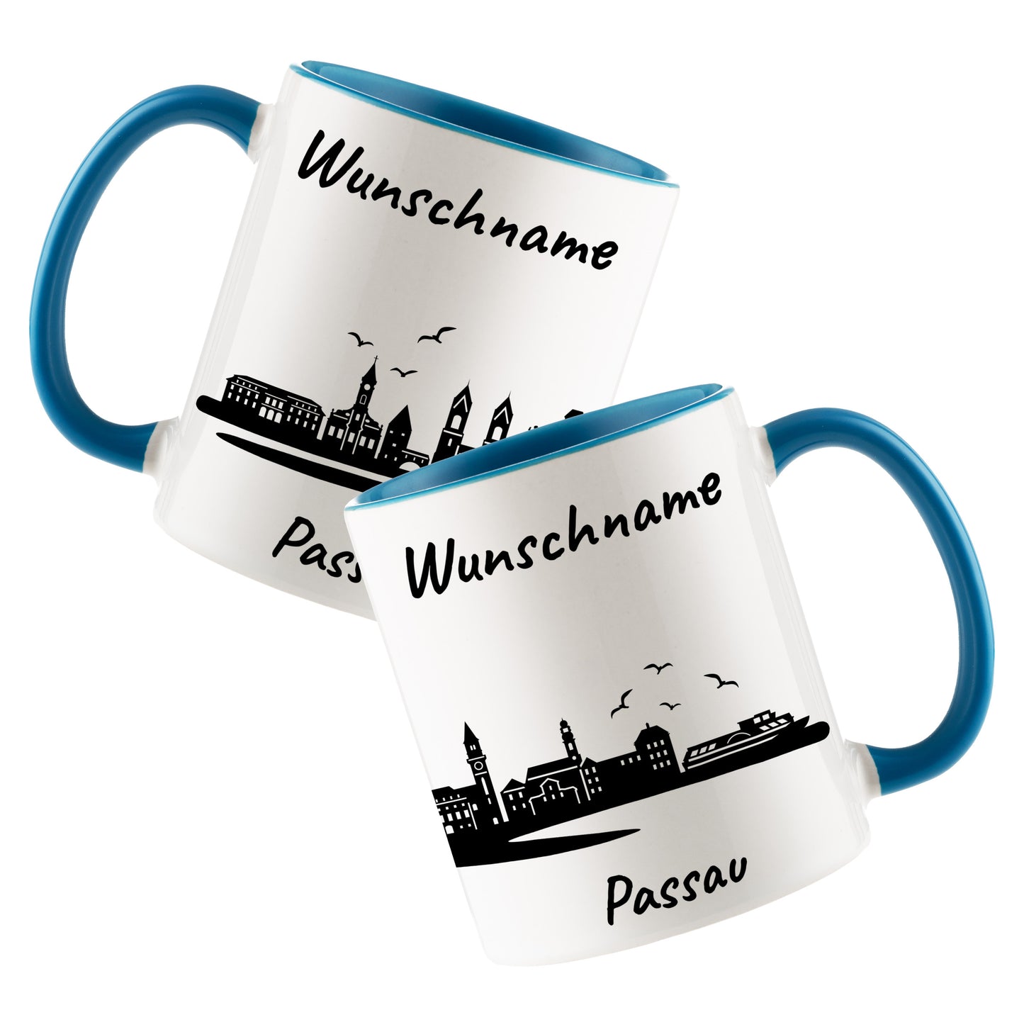 Tasse in Hellblau 330ml bedruckt mit der Skyline von Passau personalisierbar mit Wunschname