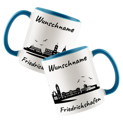 Tasse in Hellblau 330ml bedruckt mit der Skyline von Friedrichshafen personalisierbar mit Wunschname