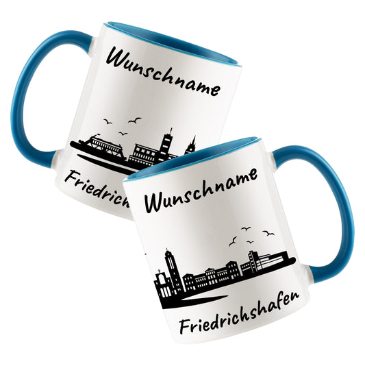 Tasse in Hellblau 330ml bedruckt mit der Skyline von Friedrichshafen personalisierbar mit Wunschname