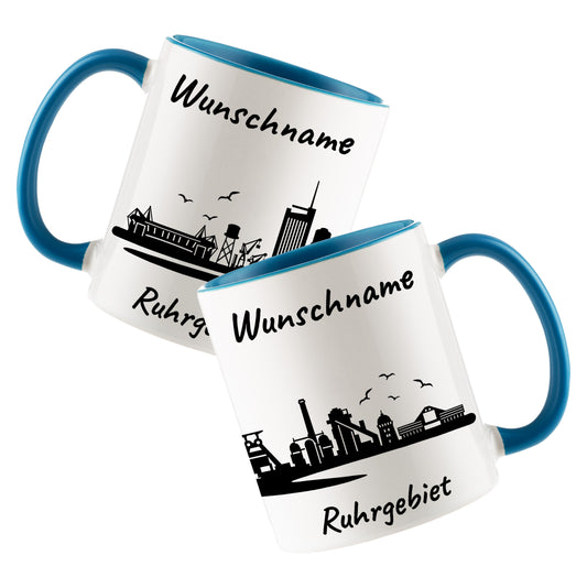 Tasse in Hellblau 330ml bedruckt mit der Skyline von Ruhrgebiet personalisierbar mit Wunschname