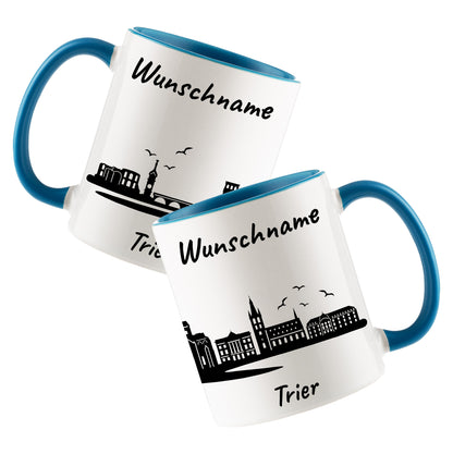 Tasse in Hellblau 330ml bedruckt mit der Skyline von Trier personalisierbar mit Wunschname