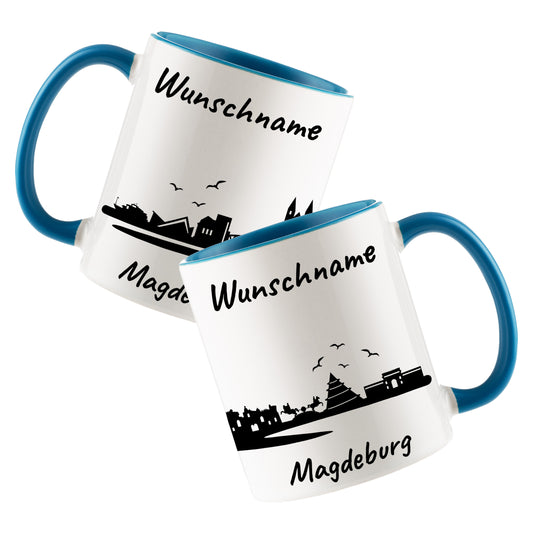 Tasse in Hellblau 330ml bedruckt mit der Skyline von Magdeburg personalisierbar mit Wunschname