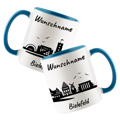 Tasse in Hellblau 330ml bedruckt mit der Skyline von Bielefeld personalisierbar mit Wunschname