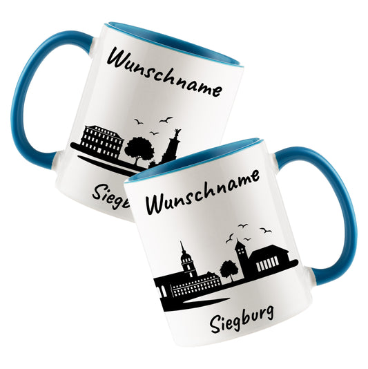 Tasse in Hellblau 330ml bedruckt mit der Skyline von Siegburg personalisierbar mit Wunschname