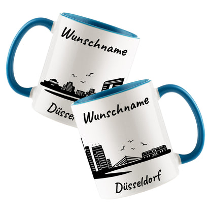 Tasse in Hellblau 330ml bedruckt mit der Skyline von Düsseldorf personalisierbar mit Wunschname