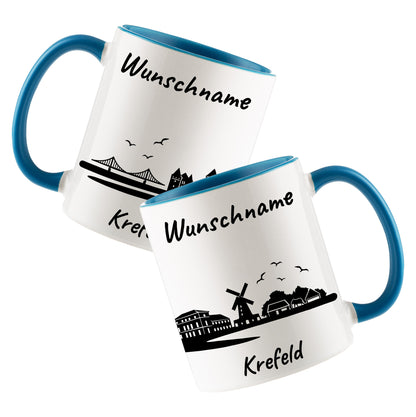 Tasse in Hellblau 330ml bedruckt mit der Skyline von Krefeld personalisierbar mit Wunschname