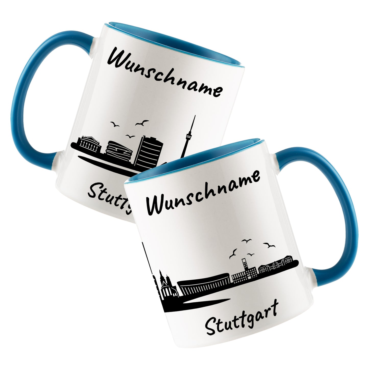 Tasse in Hellblau 330ml bedruckt mit der Skyline von Stuttgart personalisierbar mit Wunschname