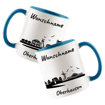 Tasse in Hellblau 330ml bedruckt mit der Skyline von Oberhausen personalisierbar mit Wunschname