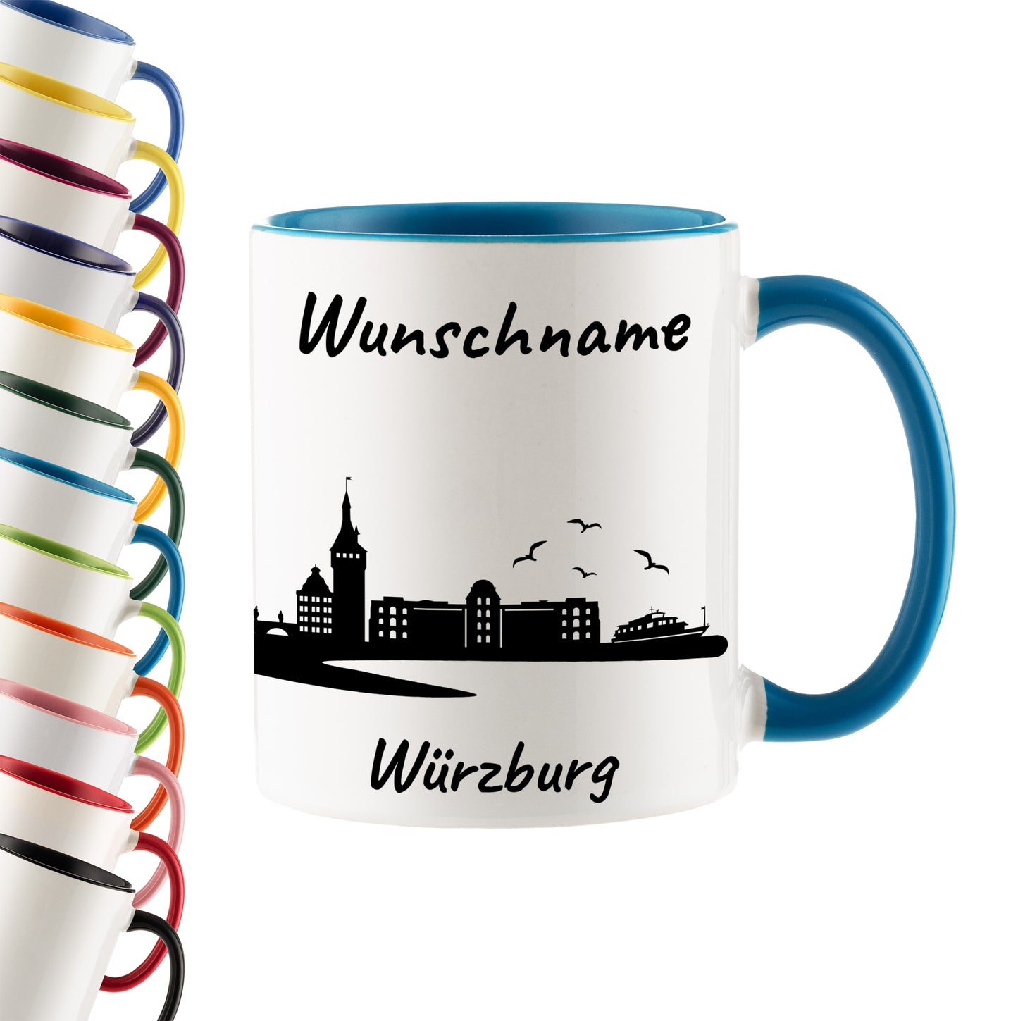 Tasse in Hellblau 330ml bedruckt mit der Skyline von Würzburg personalisierbar mit Wunschname