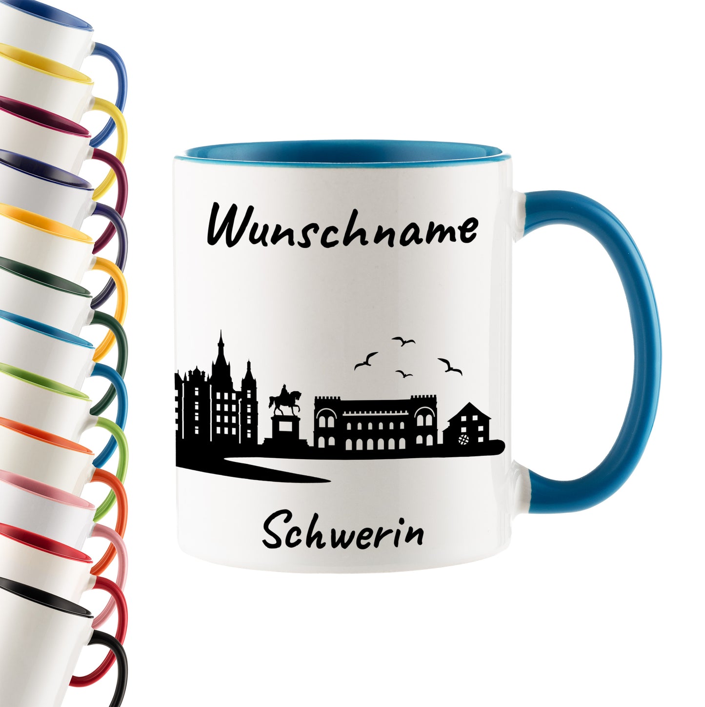 Tasse in Hellblau 330ml bedruckt mit der Skyline von Schwerin personalisierbar mit Wunschname