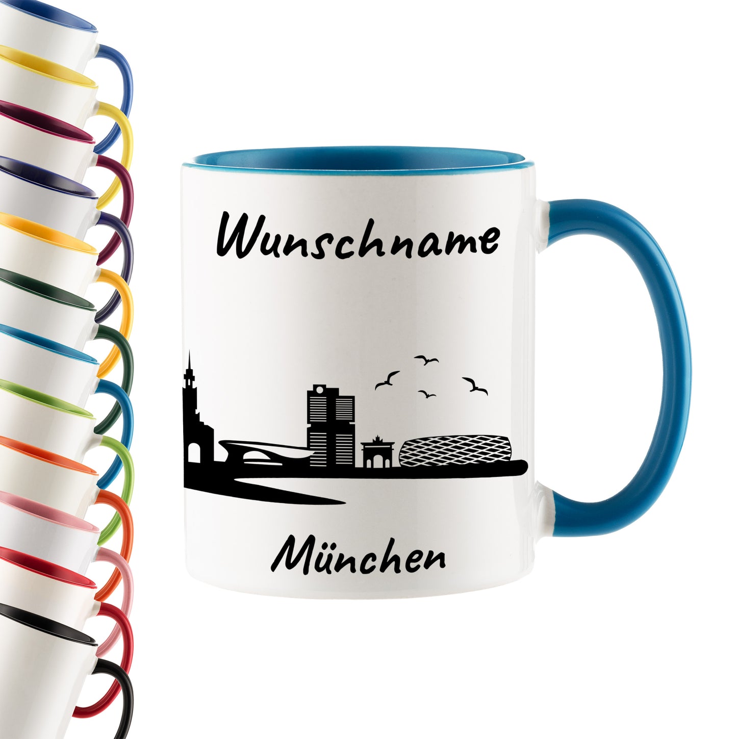 Tasse in Hellblau 330ml bedruckt mit der Skyline von München personalisierbar mit Wunschname