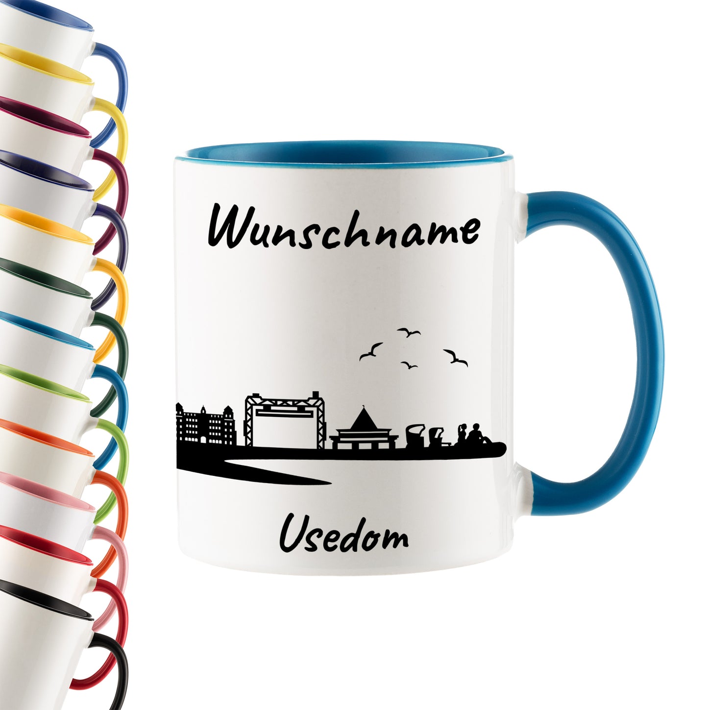 Tasse in Hellblau 330ml bedruckt mit der Skyline von Usedom personalisierbar mit Wunschname