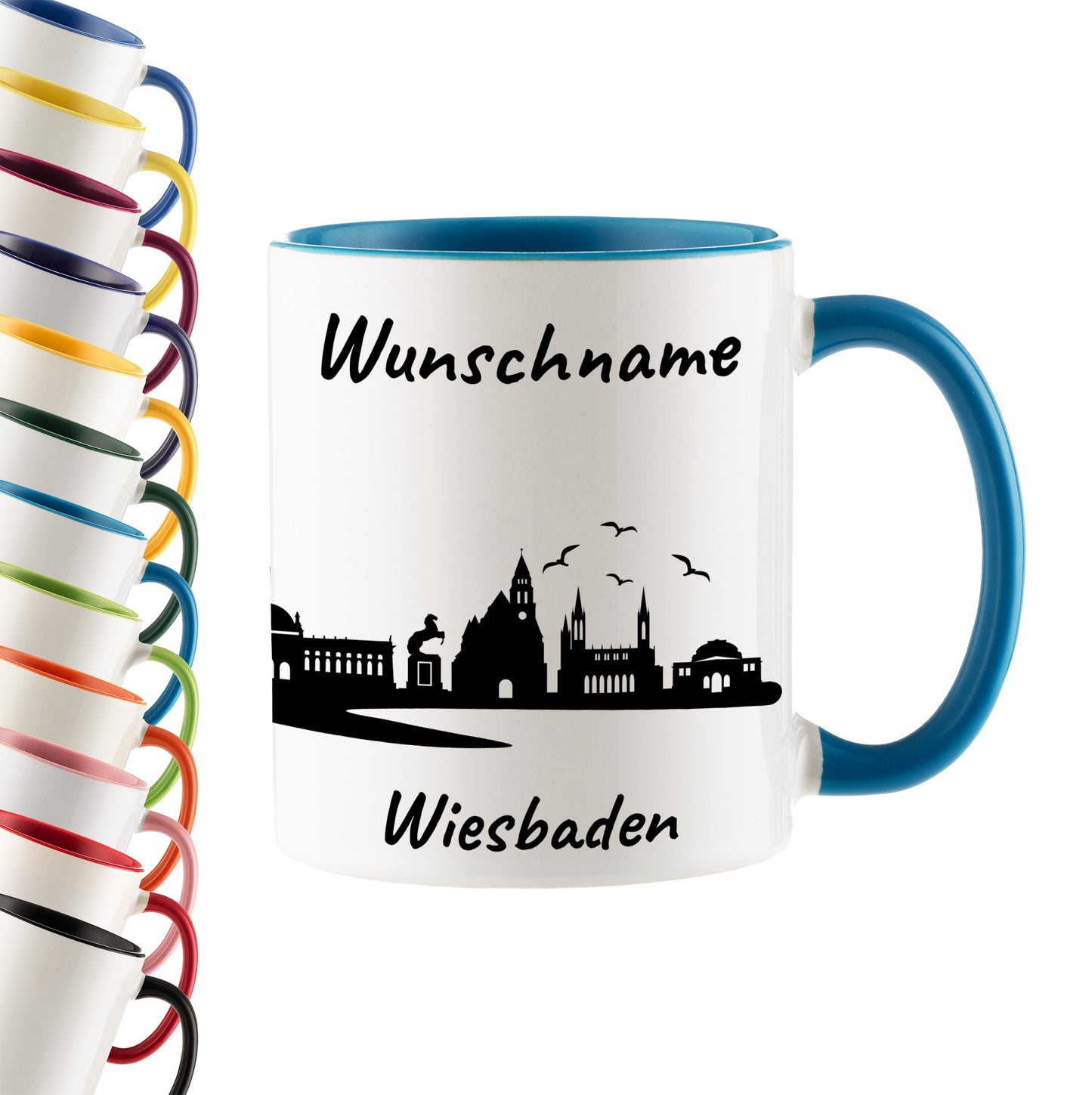 Tasse in Hellblau 330ml bedruckt mit der Skyline von Wiesbaden personalisierbar mit Wunschname