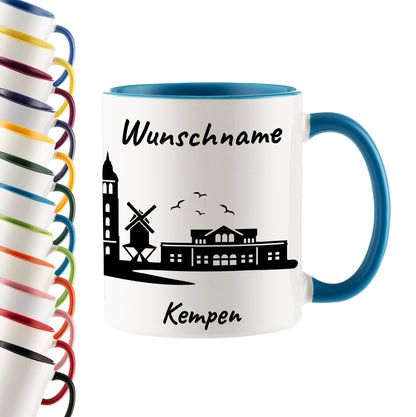 Tasse in Hellblau 330ml bedruckt mit der Skyline von Kempen personalisierbar mit Wunschname