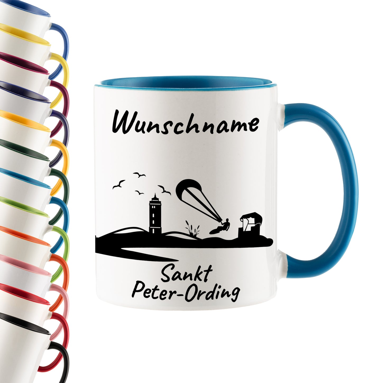 Tasse in Hellblau 330ml bedruckt mit der Skyline von Sankt Peter-Ording personalisierbar mit Wunschname