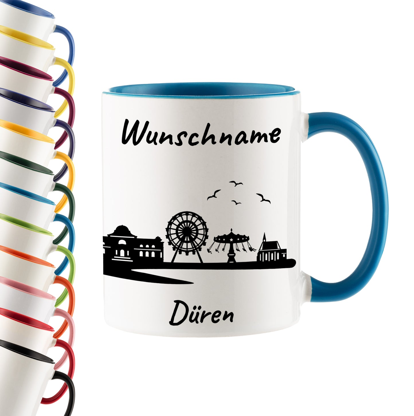 Tasse in Hellblau 330ml bedruckt mit der Skyline von Düren personalisierbar mit Wunschname