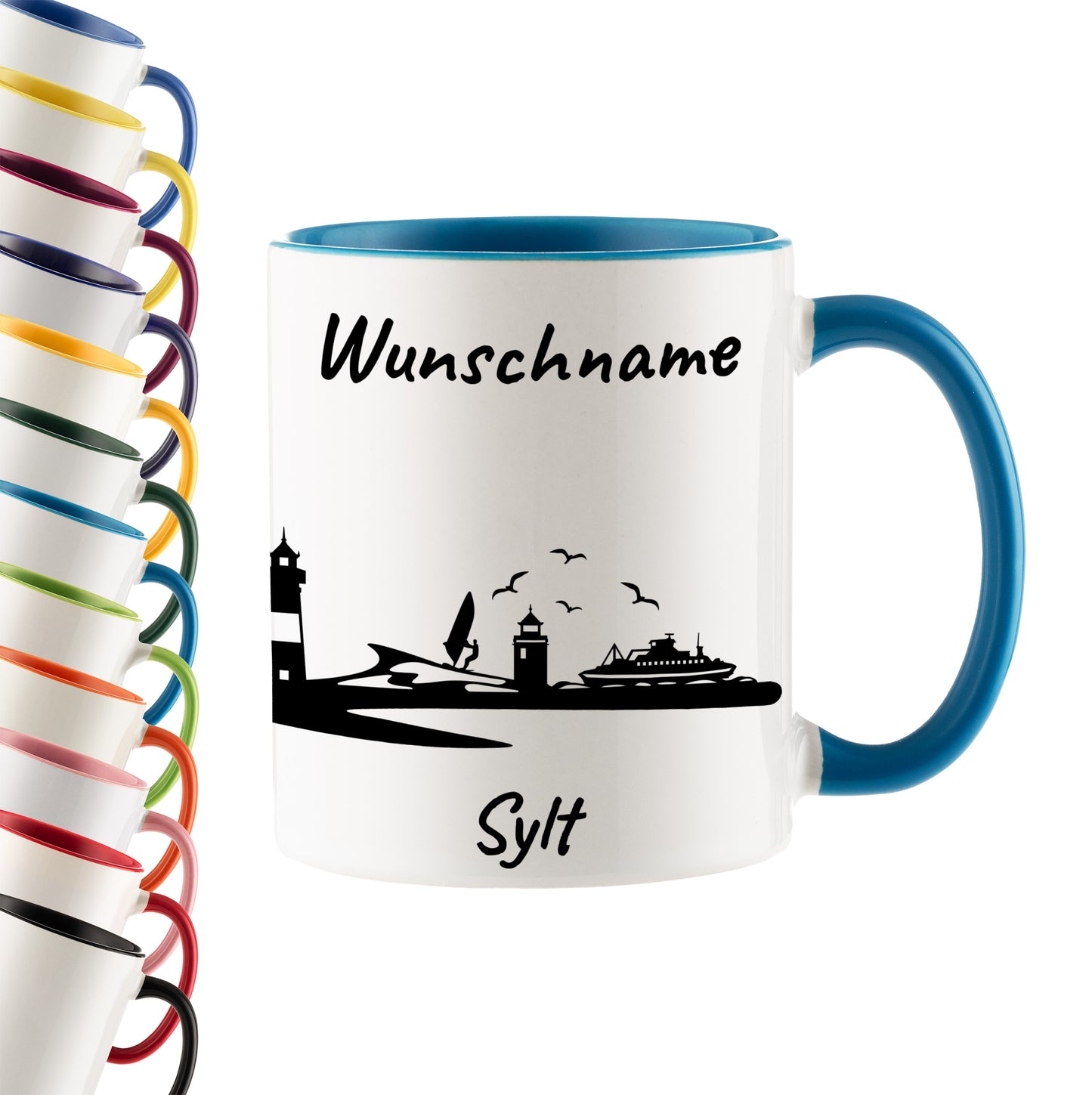 Tasse in Hellblau 330ml bedruckt mit der Skyline von Sylt personalisierbar mit Wunschname