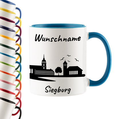 Tasse in Hellblau 330ml bedruckt mit der Skyline von Siegburg personalisierbar mit Wunschname