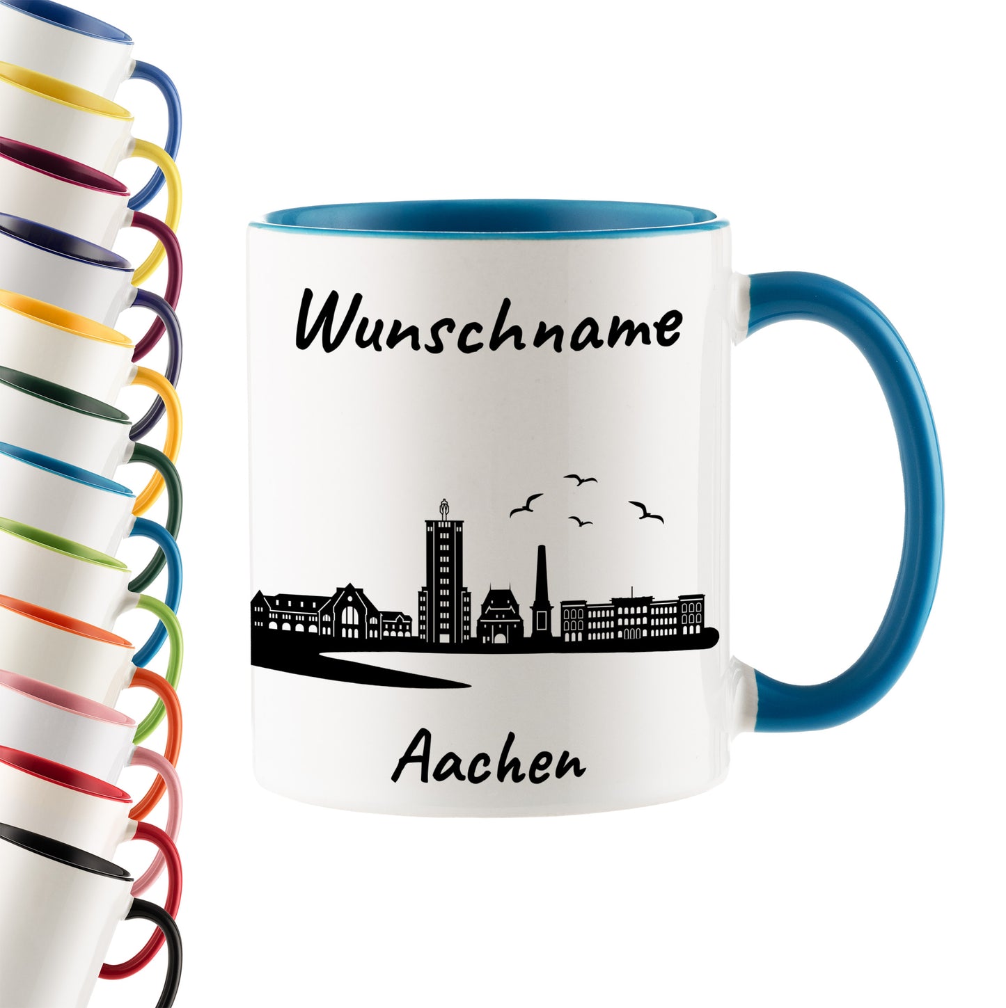 Tasse in Hellblau 330ml bedruckt mit der Skyline von Aachen personalisierbar mit Wunschname