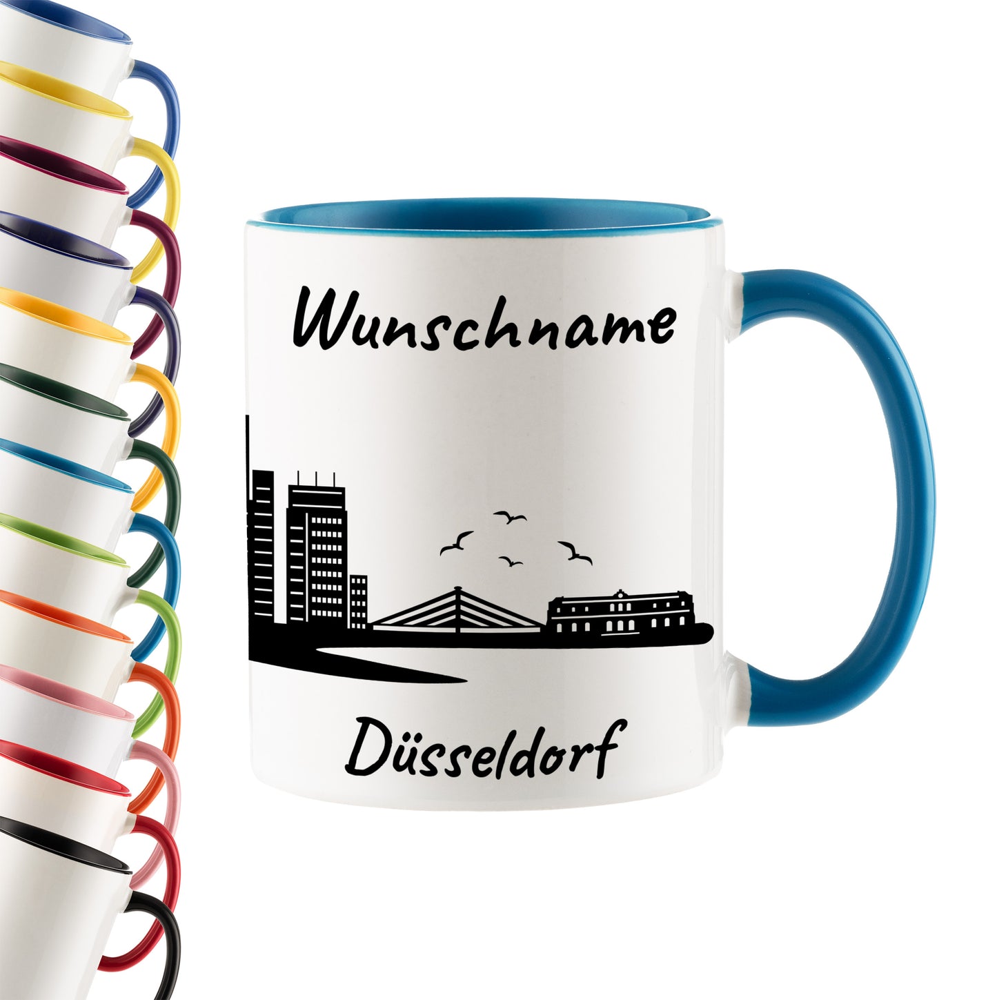 Tasse in Hellblau 330ml bedruckt mit der Skyline von Düsseldorf personalisierbar mit Wunschname