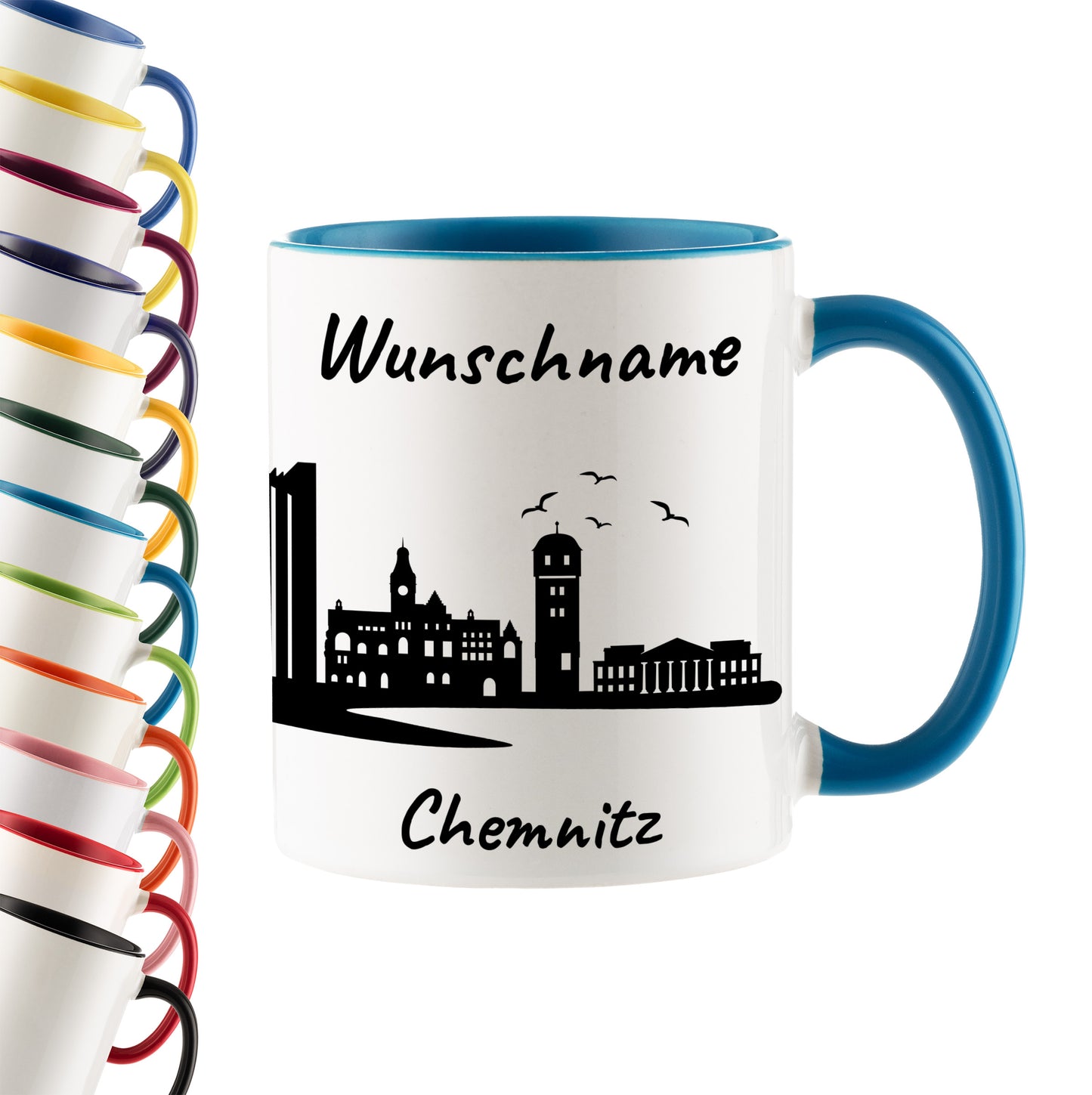 Tasse in Hellblau 330ml bedruckt mit der Skyline von Chemnitz personalisierbar mit Wunschname