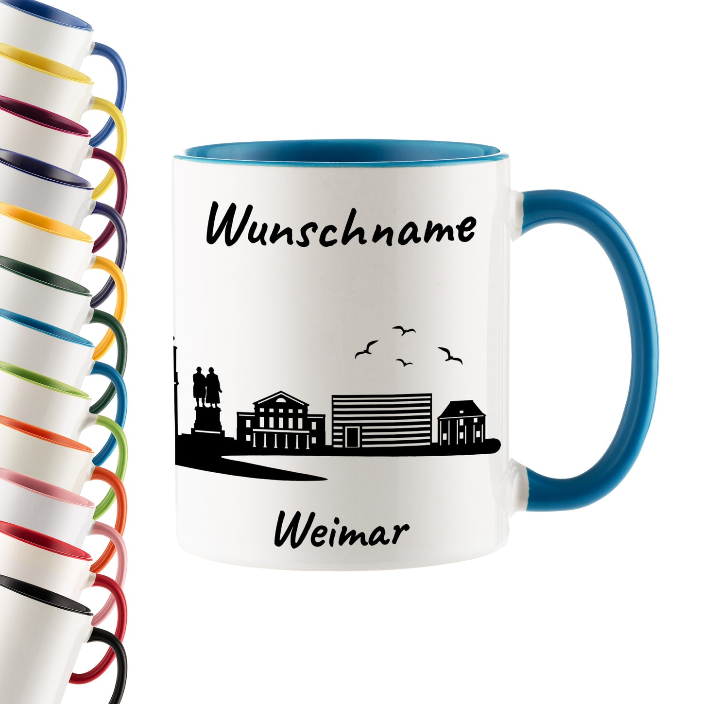 Tasse in Hellblau 330ml bedruckt mit der Skyline von Weimar personalisierbar mit Wunschname