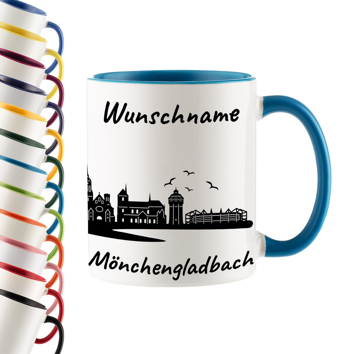 Tasse in Hellblau 330ml bedruckt mit der Skyline von Mönchengladbach personalisierbar mit Wunschname