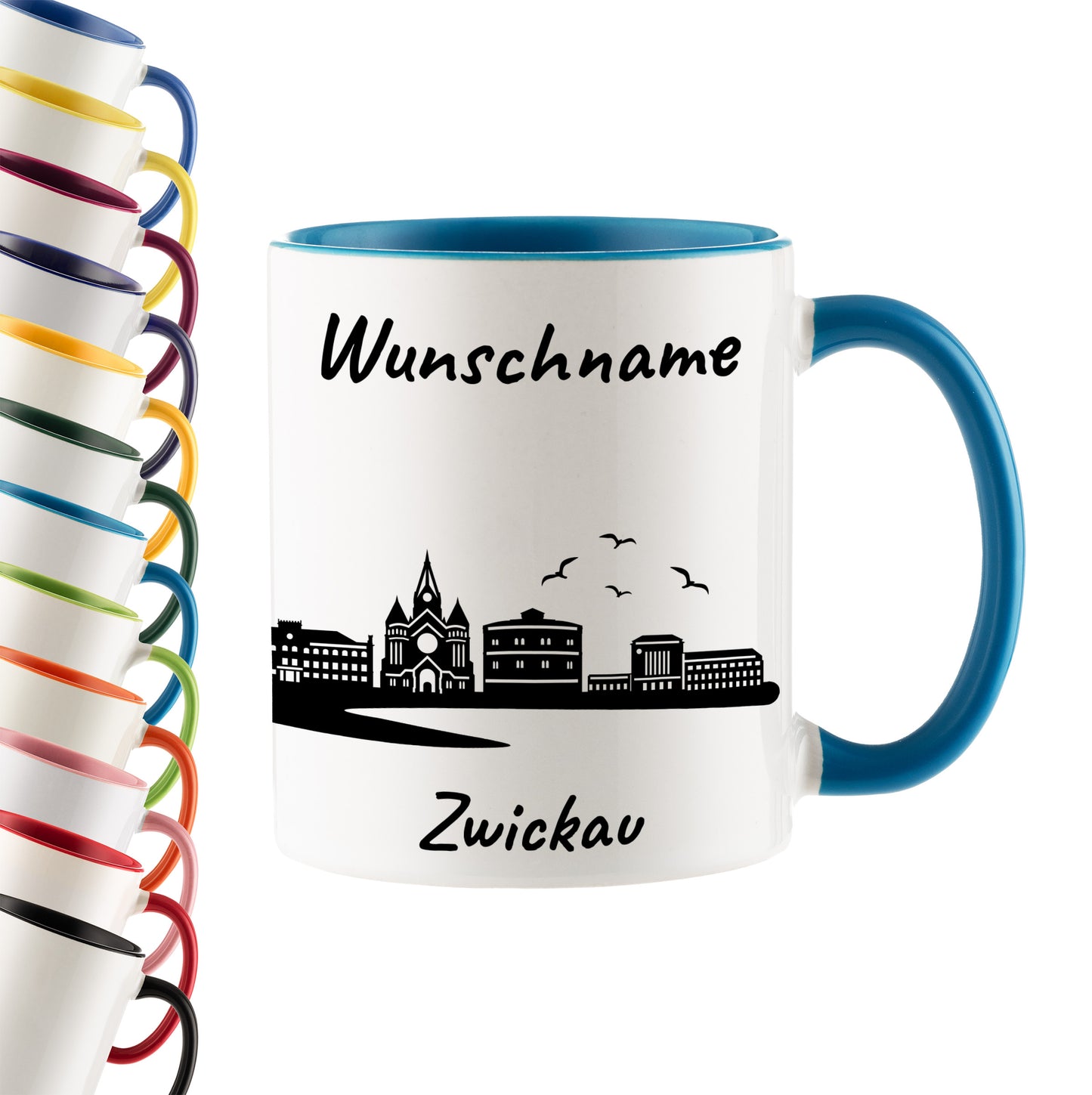 Tasse in Hellblau 330ml bedruckt mit der Skyline von Zwickau personalisierbar mit Wunschname