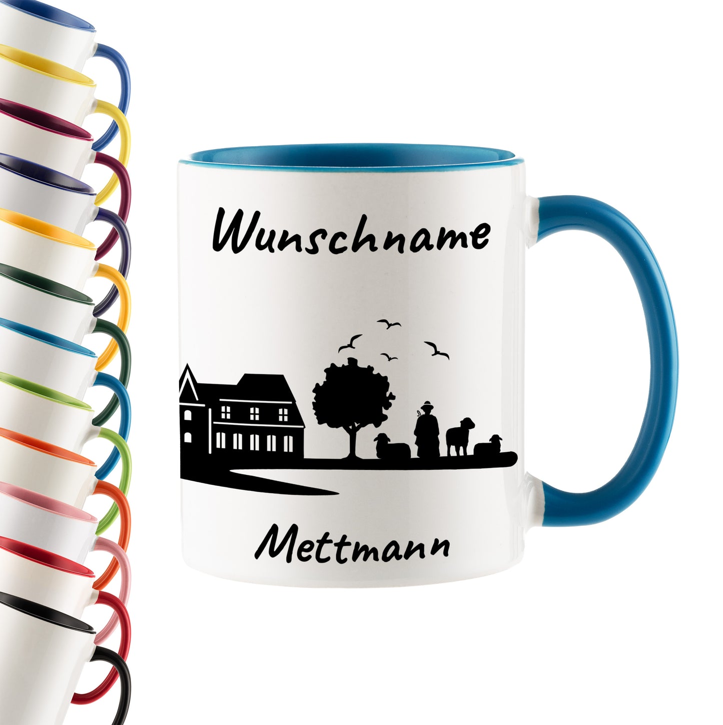Tasse in Hellblau 330ml bedruckt mit der Skyline von Mettmann personalisierbar mit Wunschname