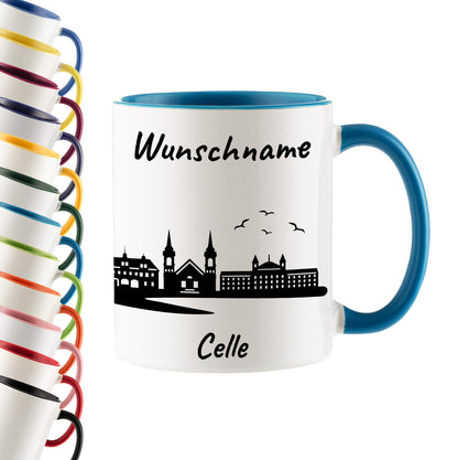 Tasse in Hellblau 330ml bedruckt mit der Skyline von Celle personalisierbar mit Wunschname