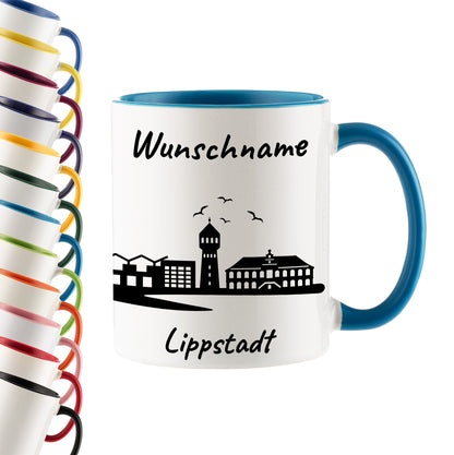Tasse in Hellblau 330ml bedruckt mit der Skyline von Lippstadt personalisierbar mit Wunschname
