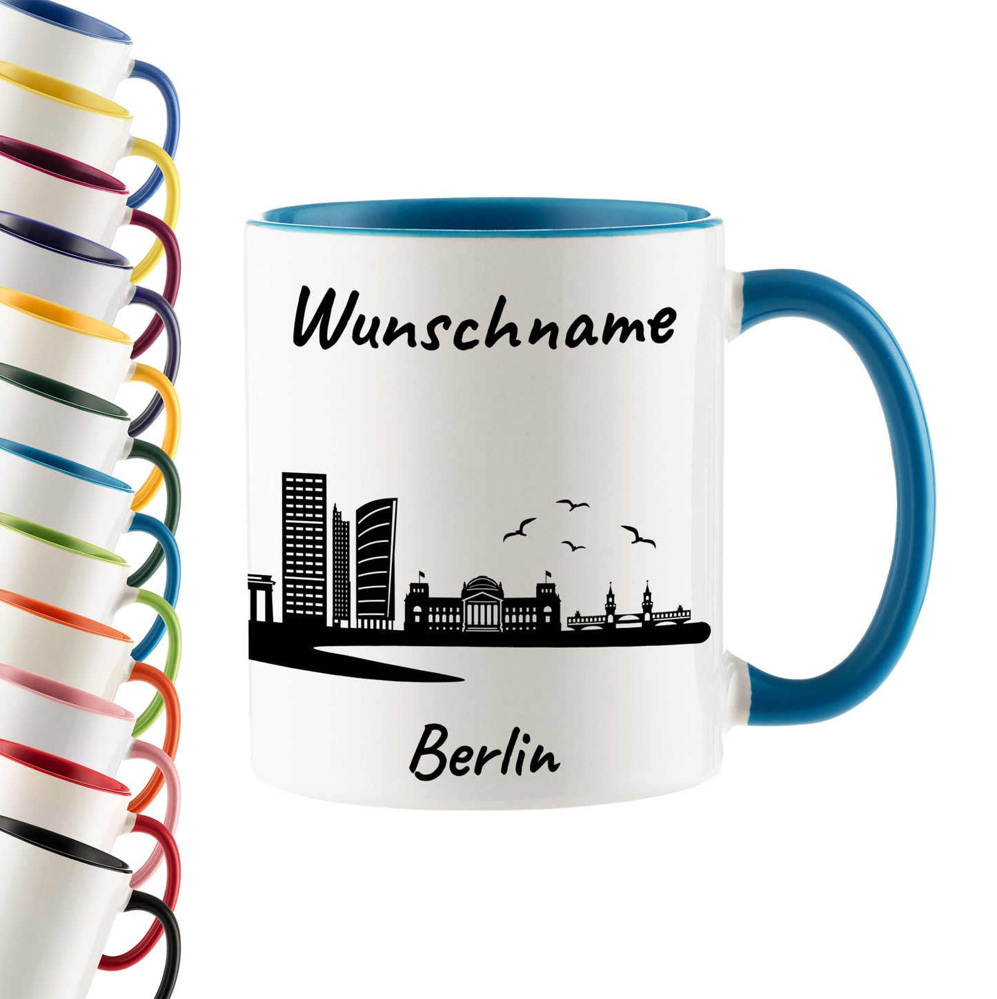 Tasse in Hellblau 330ml bedruckt mit der Skyline von Berlin personalisierbar mit Wunschname