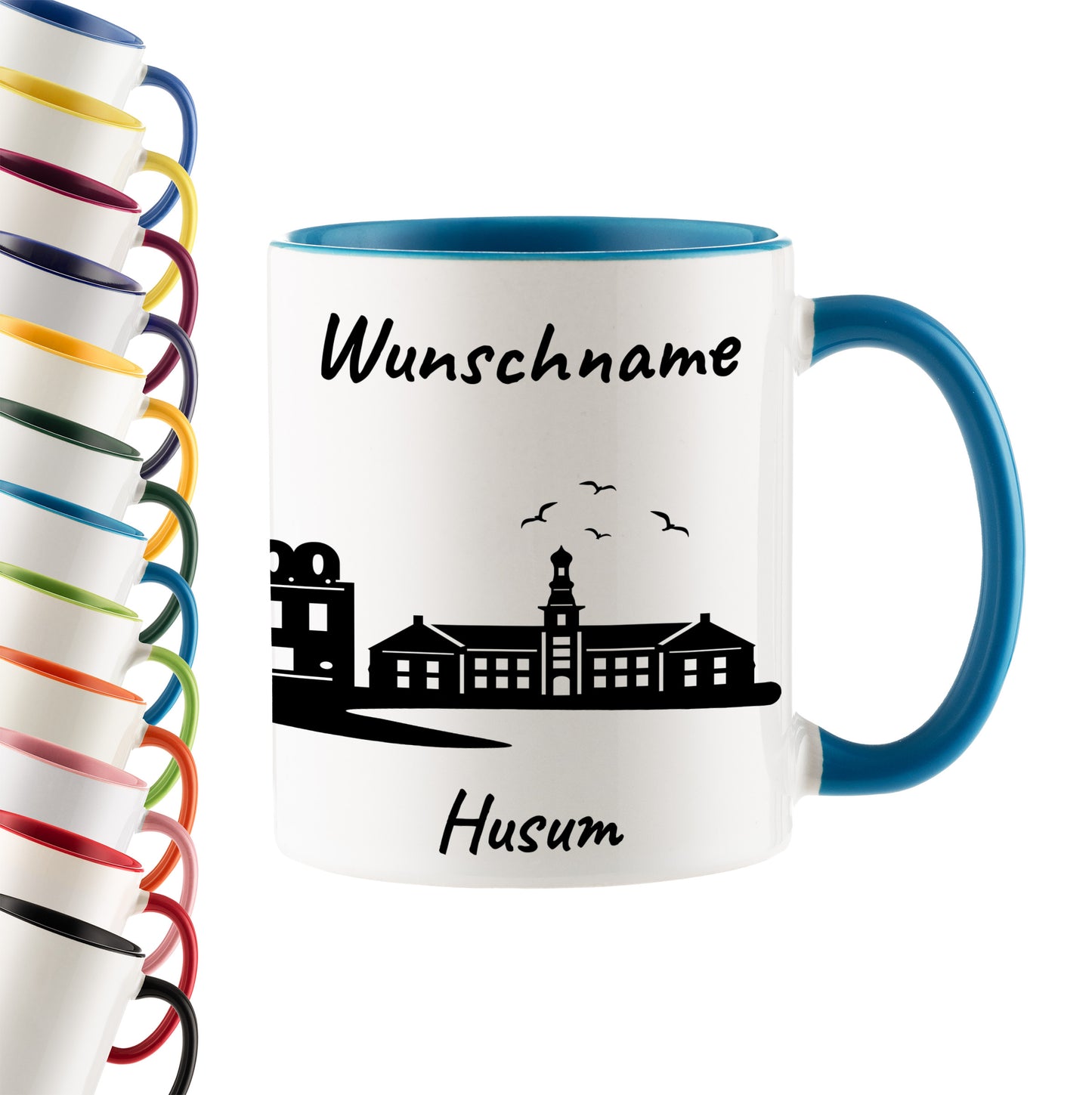 Tasse in Hellblau 330ml bedruckt mit der Skyline von Husum personalisierbar mit Wunschname