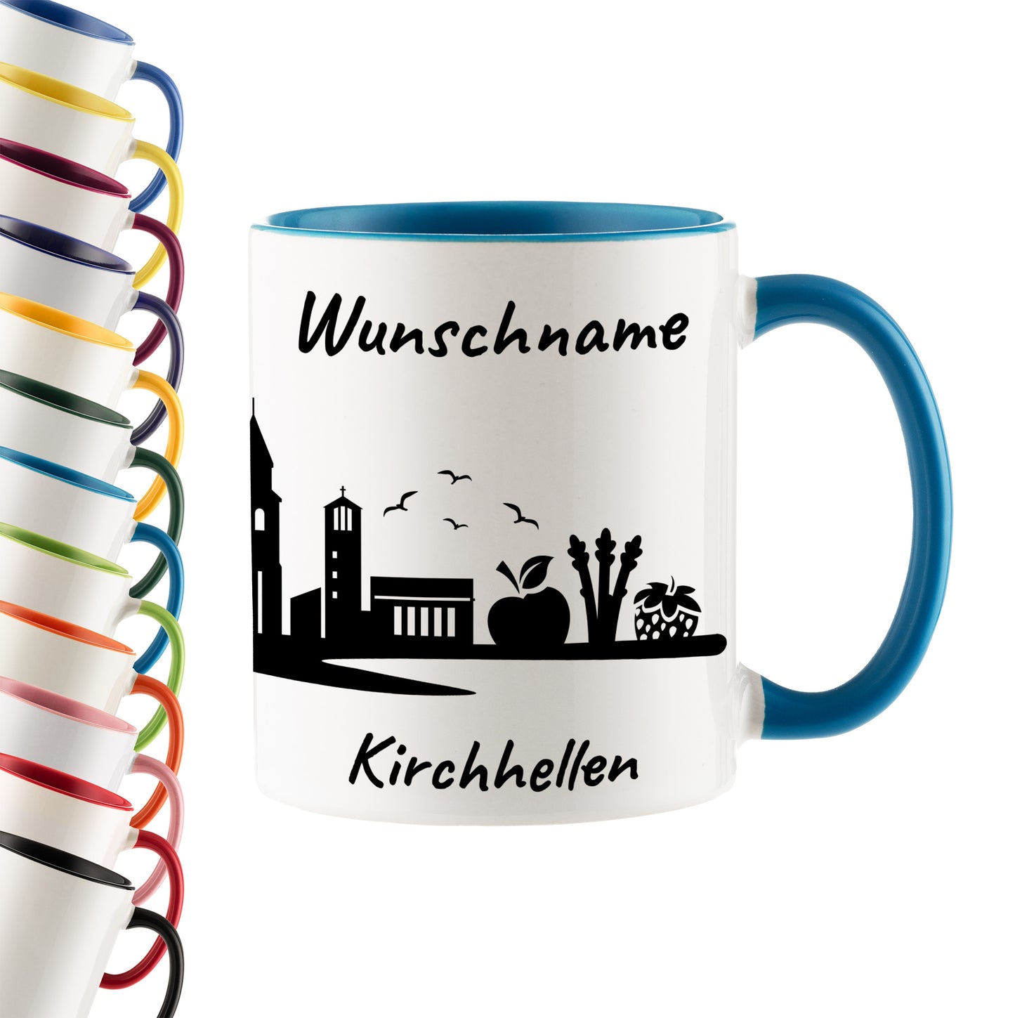Tasse in Hellblau 330ml bedruckt mit der Skyline von Kirchhellen personalisierbar mit Wunschname