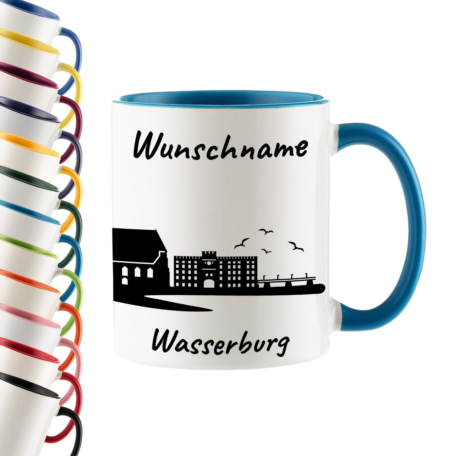 Tasse in Hellblau 330ml bedruckt mit der Skyline von Wasserburg personalisierbar mit Wunschname