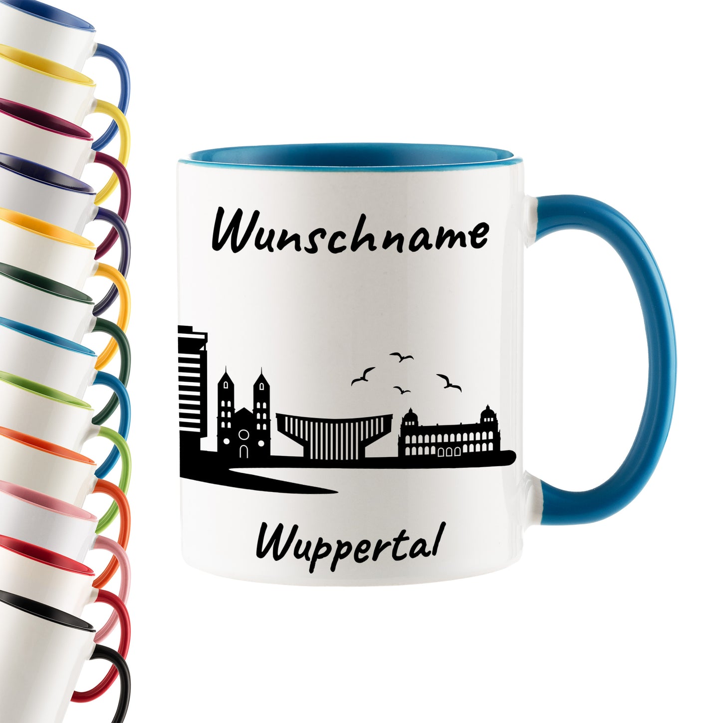 Tasse in Hellblau 330ml bedruckt mit der Skyline von Wuppertal personalisierbar mit Wunschname