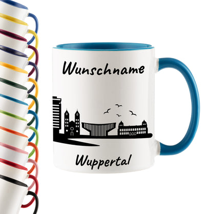 Tasse in Hellblau 330ml bedruckt mit der Skyline von Wuppertal personalisierbar mit Wunschname