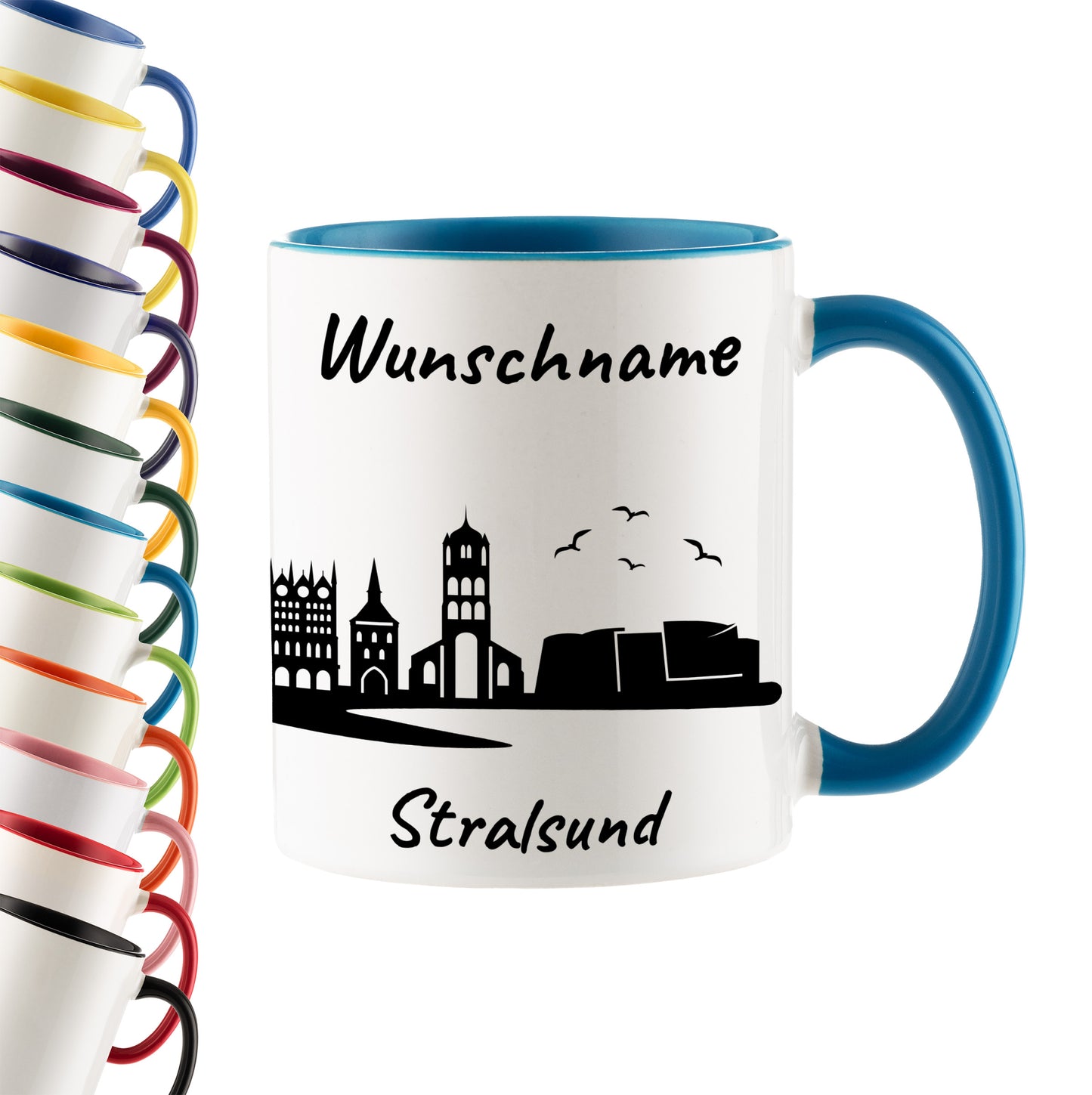 Tasse in Hellblau 330ml bedruckt mit der Skyline von Stralsund personalisierbar mit Wunschname