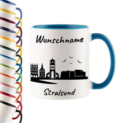 Tasse in Hellblau 330ml bedruckt mit der Skyline von Stralsund personalisierbar mit Wunschname