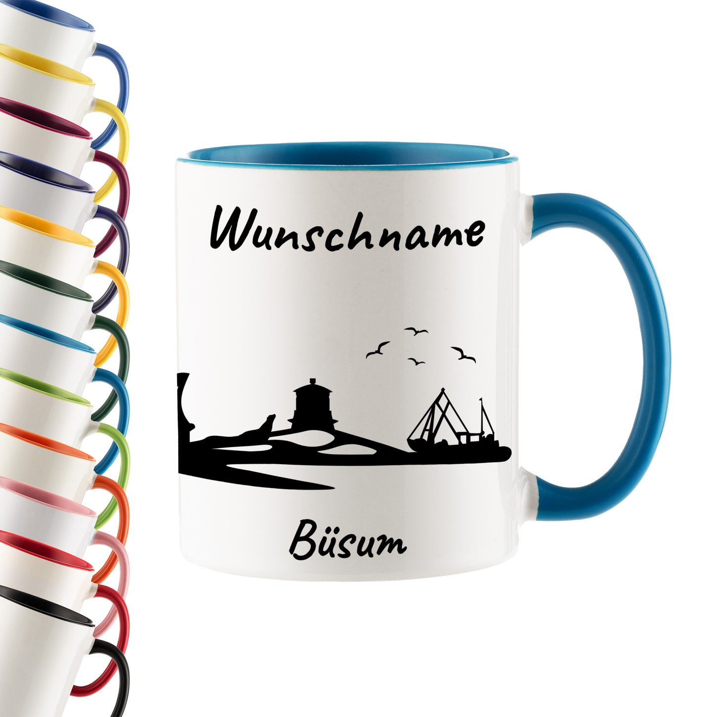 Tasse in Hellblau 330ml bedruckt mit der Skyline von Büsum personalisierbar mit Wunschname